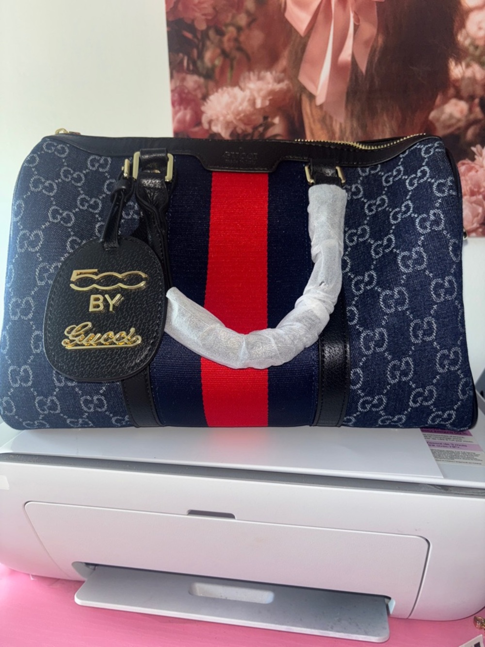 (Inspired )Gucci Navy GG Denim Crossbody with Red Stripe and Black Trim